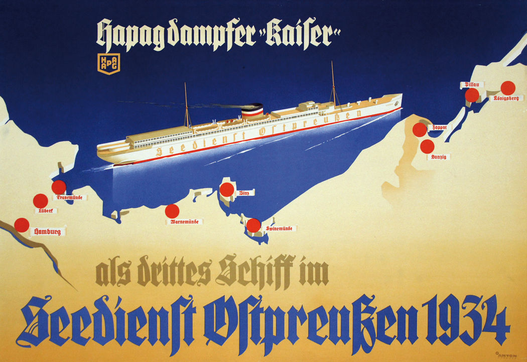 Mit den Schiffen des Seedienstes Ostpreußen wurden Mitte 1920 über 160.000 Abstimmungsberechtigte nach Ost- und Westpreußen gebracht. Farblithographie, 1934.