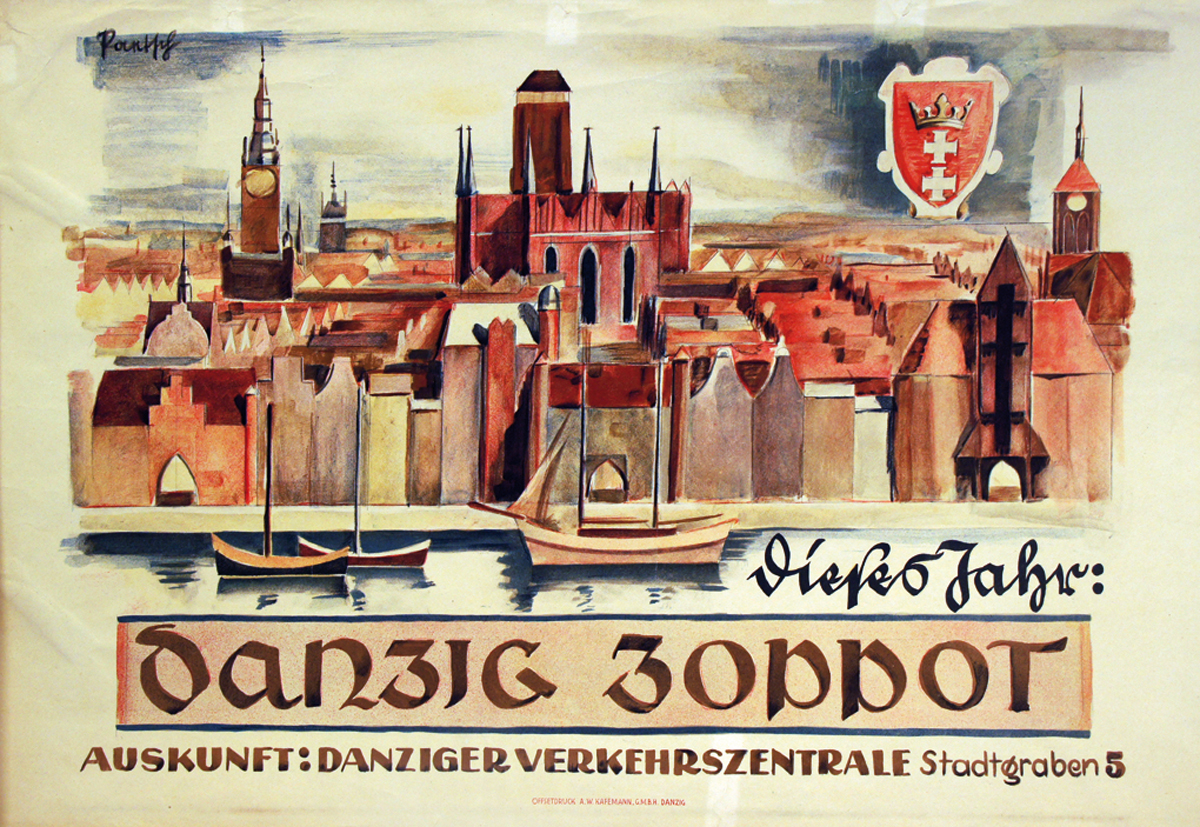 Plakat „Dieses Jahr Danzig Zoppot“. Farbdruck von Bruno Paetsch, Danzig o. J. (1930er Jahre).